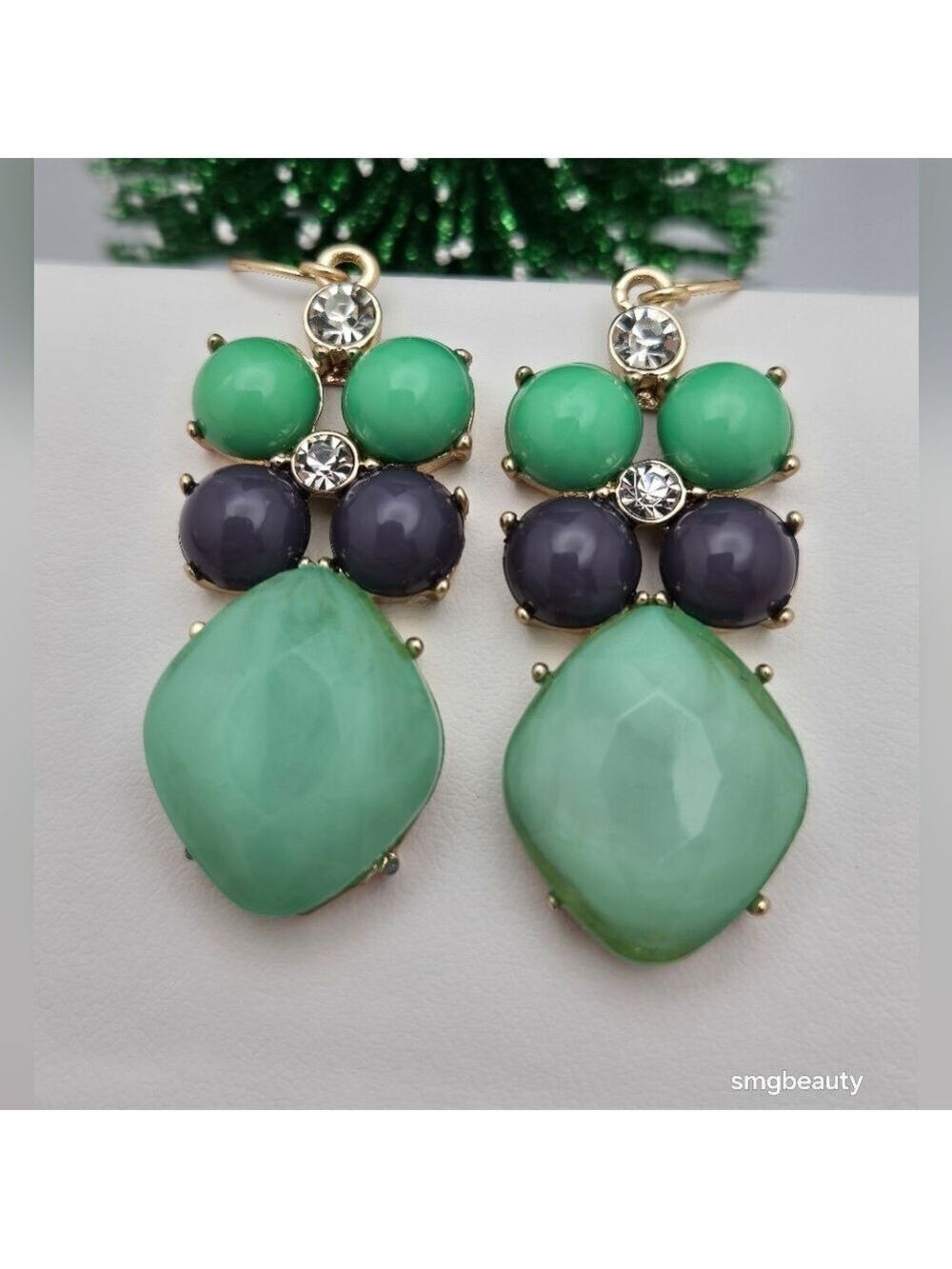 Gold Tone Blue & Green Drop Earrings w/Rhinestone Accents Statement